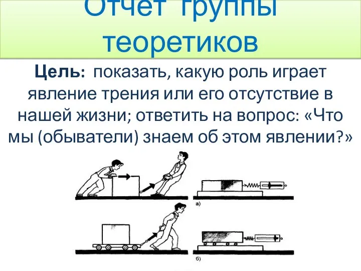 Отчёт группы теоретиков Цель: показать, какую роль играет явление трения или