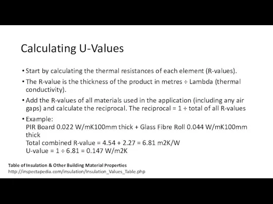 Calculating U-Values Start by calculating the thermal resistances of each element