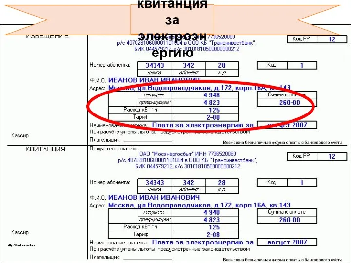 Платежная квитанция за электроэнергию