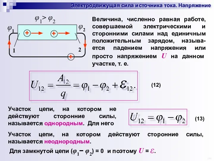 Электродвижущая сила источника тока. Напряжение Величина, численно равная работе, совершаемой электрическими