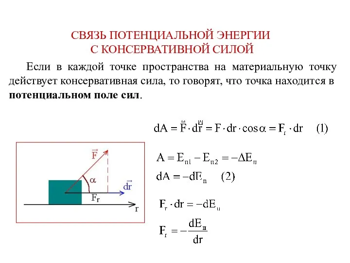 СВЯЗЬ ПОТЕНЦИАЛЬНОЙ ЭНЕРГИИ С КОНСЕРВАТИВНОЙ СИЛОЙ Если в каждой точке пространства