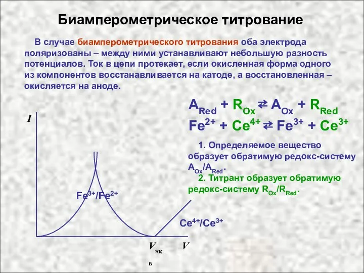 Биамперометрическое титрование В случае биамперометрического титрования оба электрода поляризованы – между