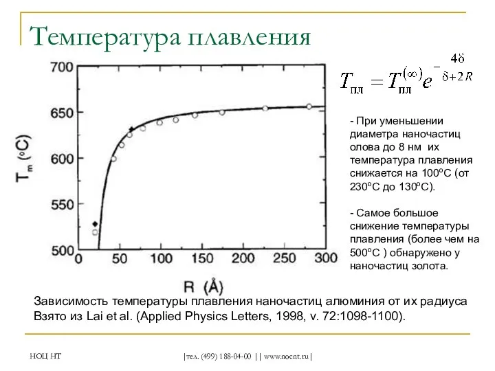 НОЦ НТ |тел. (499) 188-04-00 || www.nocnt.ru| Температура плавления Зависимость температуры