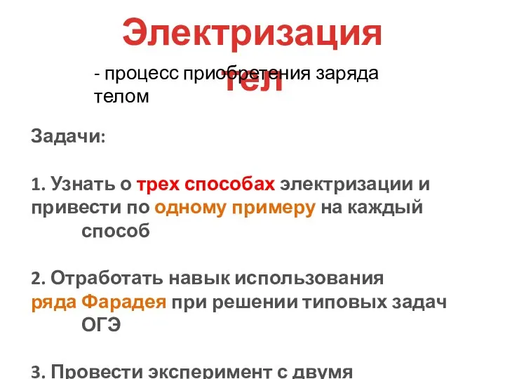 Электризация тел Задачи: 1. Узнать о трех способах электризации и привести