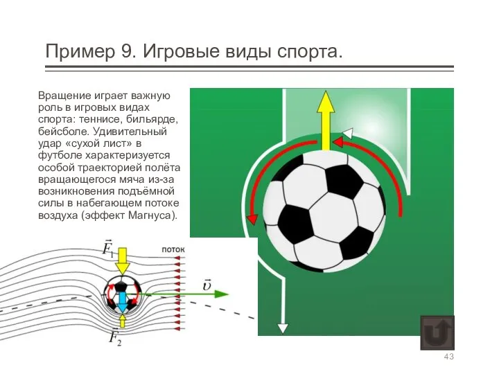 Пример 9. Игровые виды спорта. Вращение играет важную роль в игровых