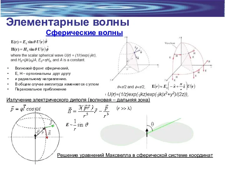 Элементарные волны Сферические волны Волновой фронт сферический, E, H – ортогональны