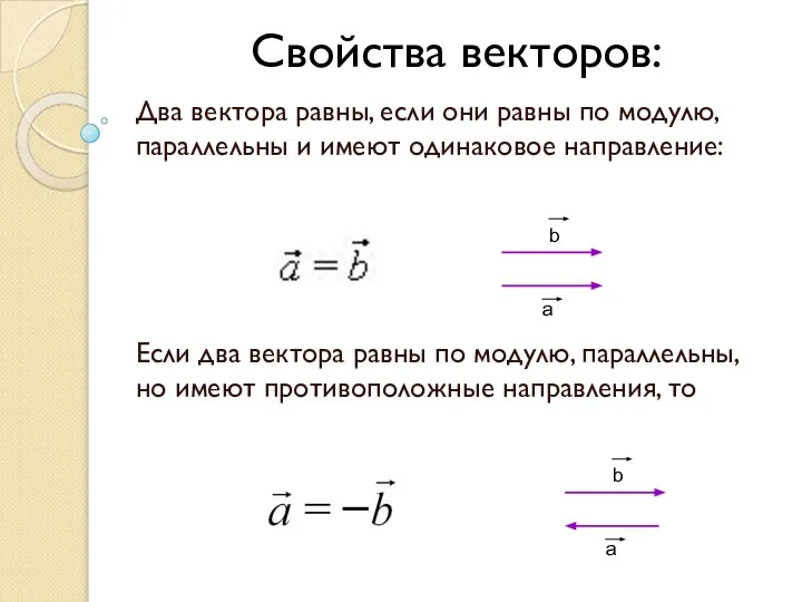 Два вектора равны, если они равны по модулю, параллельны и имеют