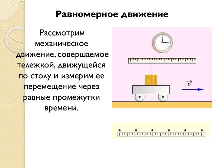 Равномерное движение Рассмотрим механическое движение, совершаемое тележкой, движущейся по столу и