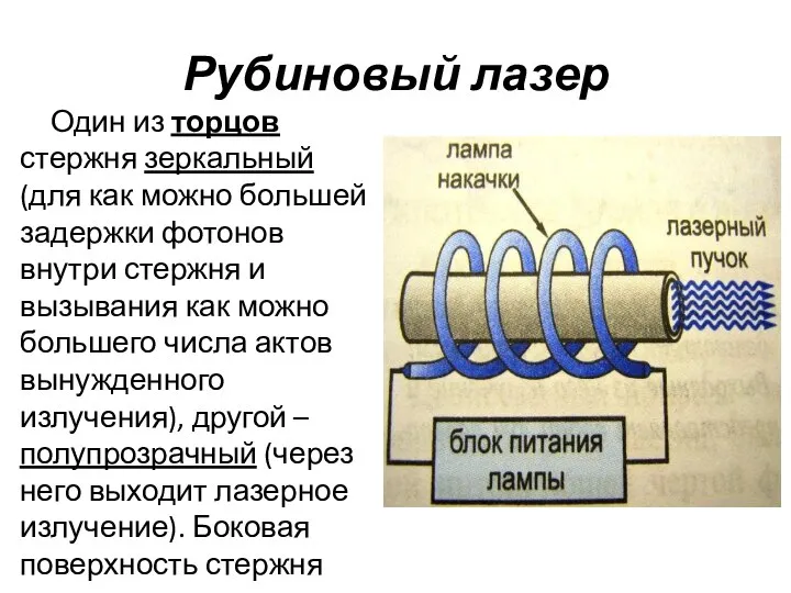 Рубиновый лазер Один из торцов стержня зеркальный (для как можно большей