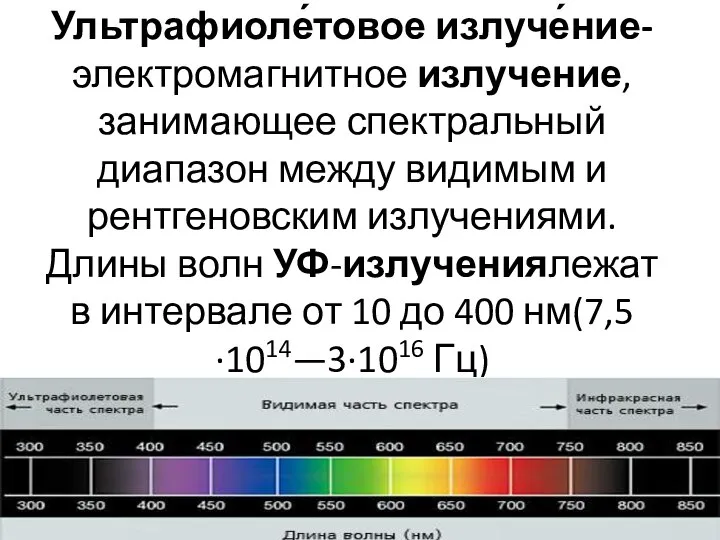 Ультрафиоле́товое излуче́ние-электромагнитное излучение, занимающее спектральный диапазон между видимым и рентгеновским излучениями.