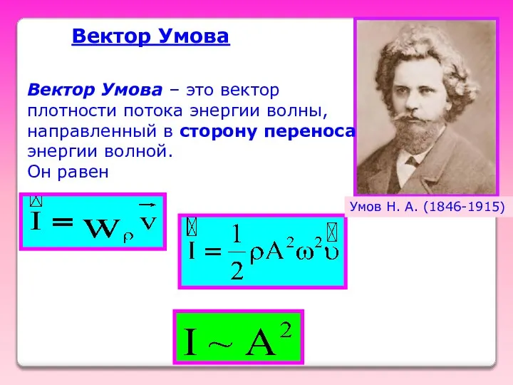 Вектор Умова Вектор Умова – это вектор плотности потока энергии волны,