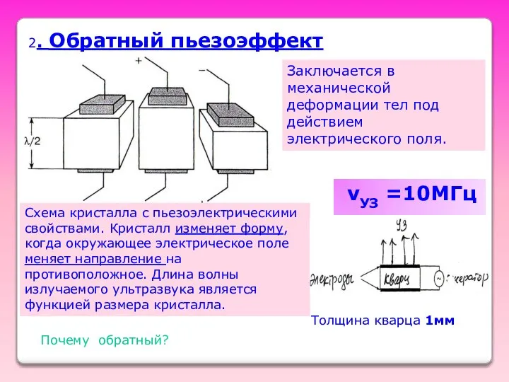 Заключается в механической деформации тел под действием электрического поля. 2. Обратный