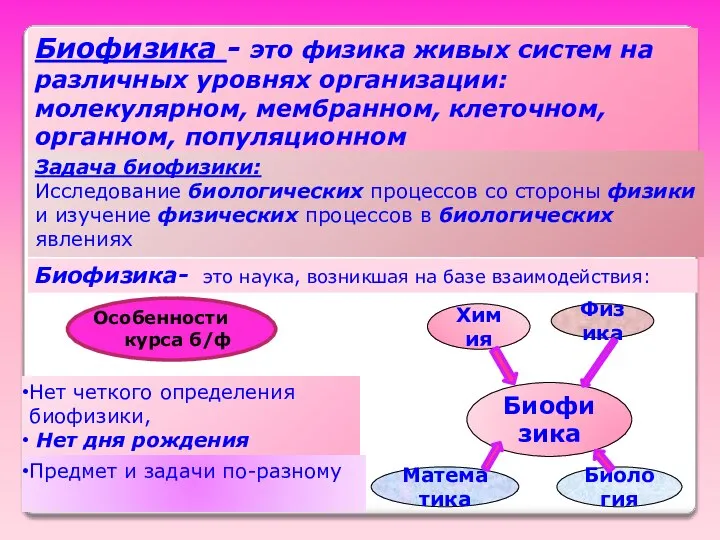 Биофизика - это физика живых систем на различных уровнях организации: молекулярном,