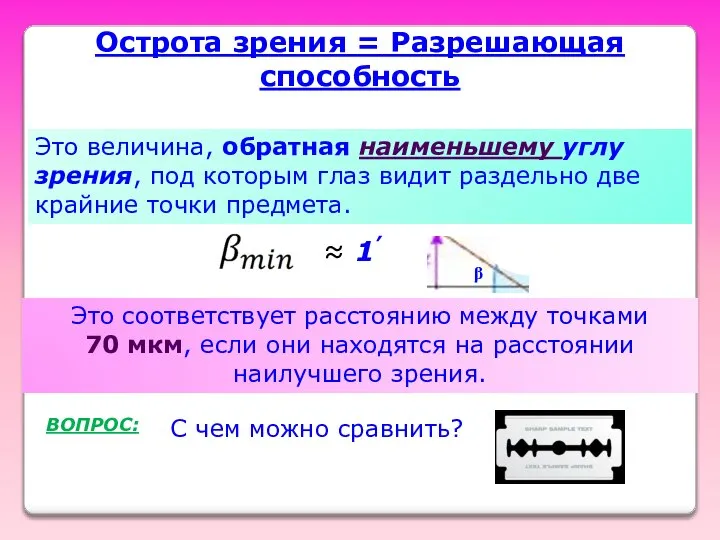 Это величина, обратная наименьшему углу зрения, под которым глаз видит раздельно