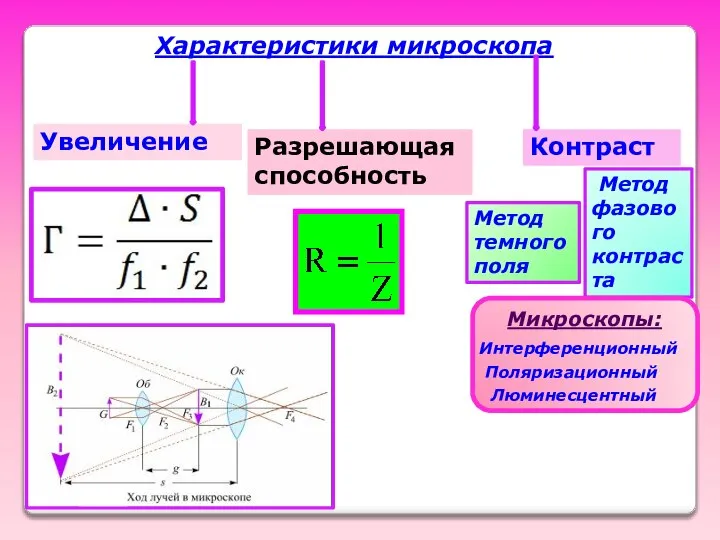 Характеристики микроскопа Увеличение Разрешающая способность Контраст Метод темного поля Метод фазового контраста Микроскопы: Интерференционный Поляризационный Люминесцентный