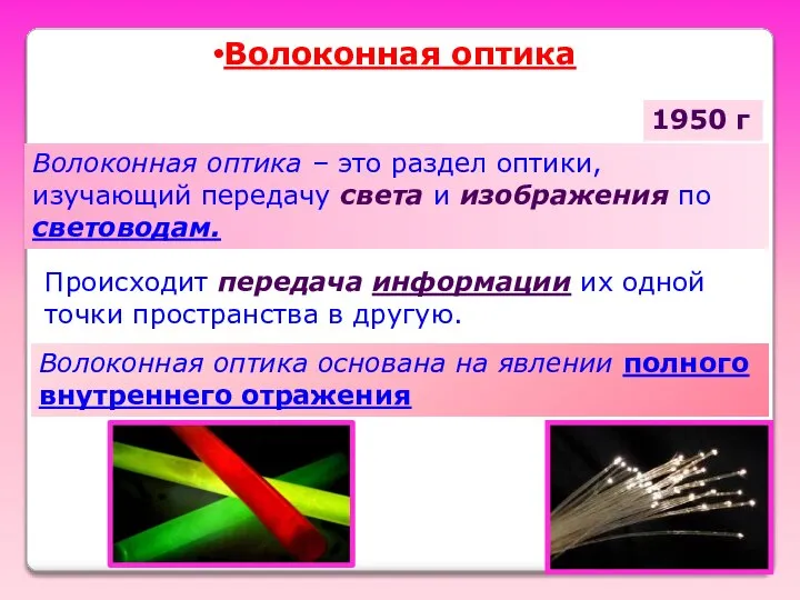 Волоконная оптика Волоконная оптика – это раздел оптики, изучающий передачу света