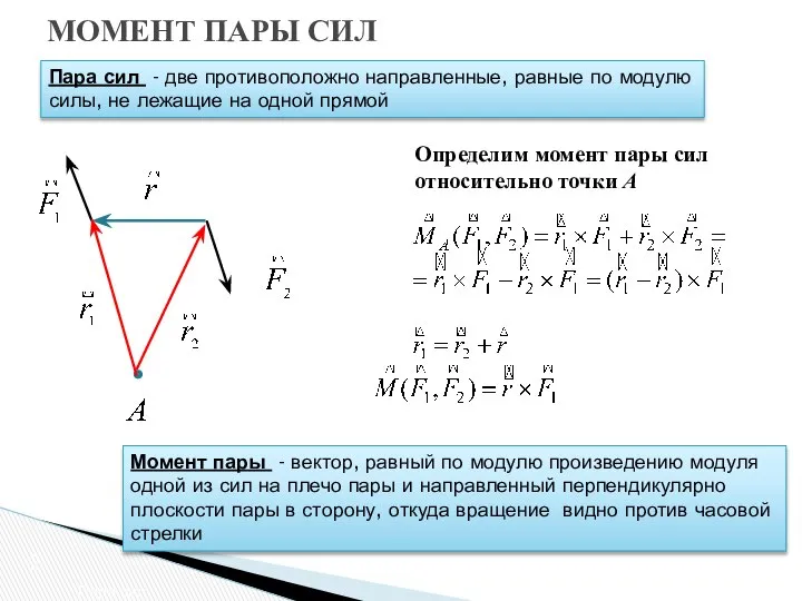 МОМЕНТ ПАРЫ СИЛ Пара сил Пара сил - две противоположно направленные,