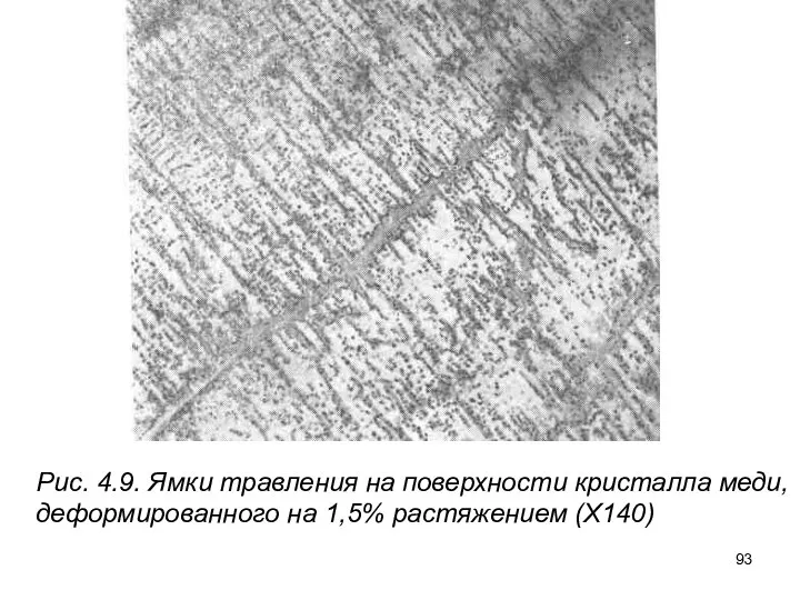 Рис. 4.9. Ямки травления на поверхности кристалла меди, деформированного на 1,5% растяжением (Х140)