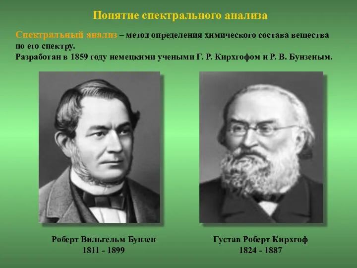 Густав Роберт Кирхгоф 1824 - 1887 Роберт Вильгельм Бунзен 1811 -