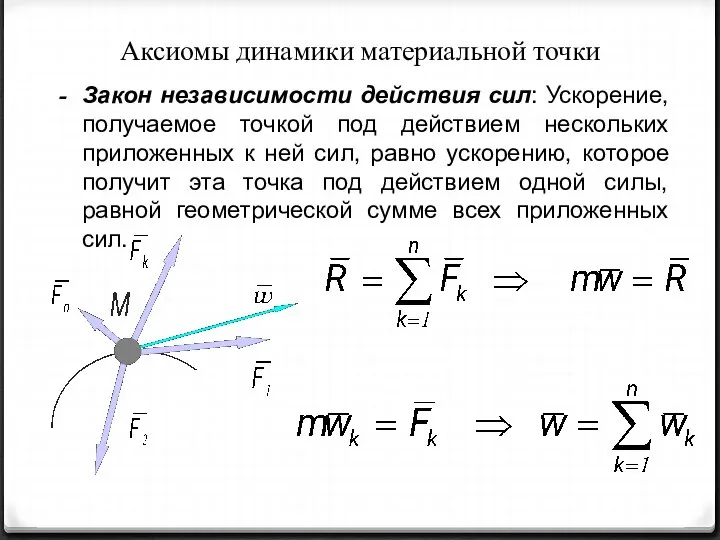 Аксиомы динамики материальной точки Закон независимости действия сил: Ускорение, получаемое точкой