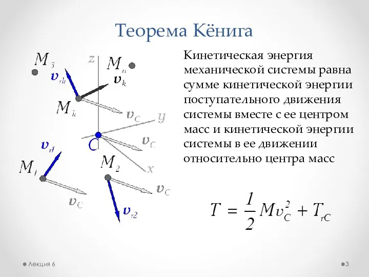 Теорема Кёнига Лекция 6 Кинетическая энергия механической системы равна сумме кинетической