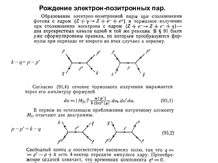 Рождение электрон-позитронных пар. p − p’ = k − q k − q= p − p’