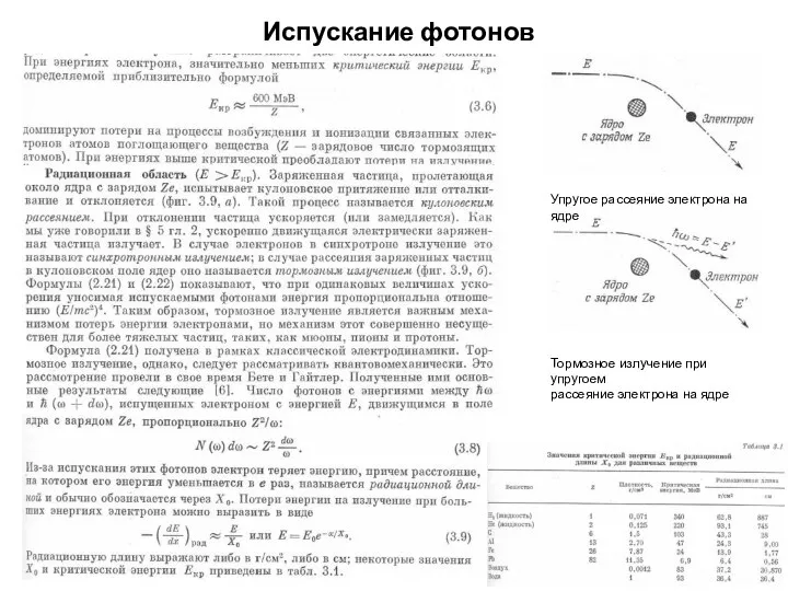 Испускание фотонов Упругое рассеяние электрона на ядре Тормозное излучение при упругоем рассеяние электрона на ядре