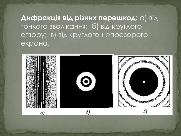 Дифракція від різних перешкод: а) від тонкого зволікання; б) від круглого