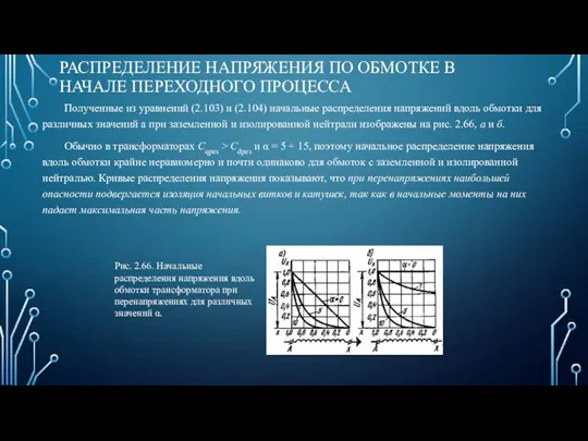 РАСПРЕДЕЛЕНИЕ НАПРЯЖЕНИЯ ПО ОБМОТКЕ В НАЧАЛЕ ПЕРЕХОДНОГО ПРОЦЕССА Полученные из уравнений