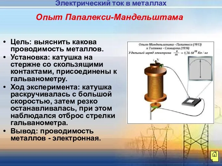 Опыт Папалекси-Мандельштама Цель: выяснить какова проводимость металлов. Установка: катушка на стержне