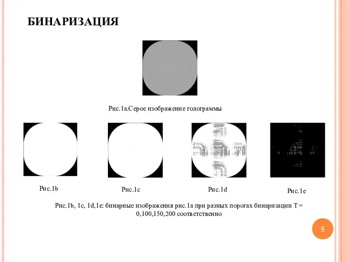 Рис.1c Рис.1d БИНАРИЗАЦИЯ Рис.1а.Серое изображение голограммы Рис.1b Рис.1e Рис.1b, 1c, 1d,1e: