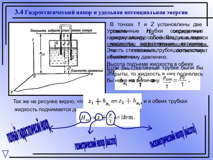 3.4 Гидростатический напор и удельная потенциальная энергия В точках 1 и