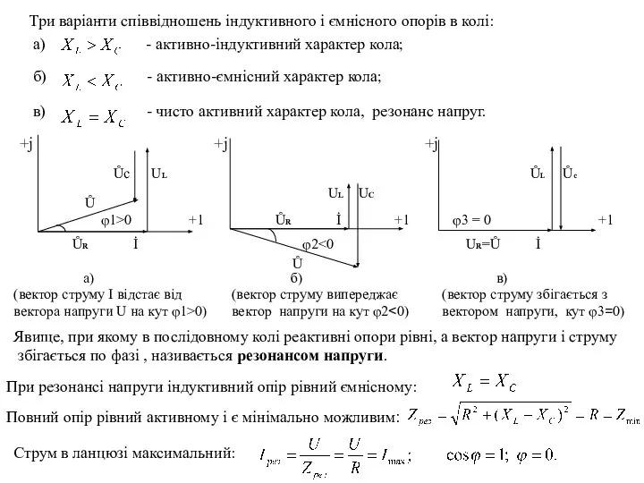 Три варіанти співвідношень індуктивного і ємнісного опорів в колі: а) -