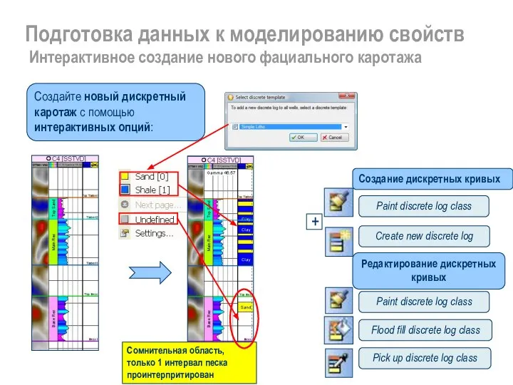 Подготовка данных к моделированию свойств Интерактивное создание нового фациального каротажа Редактирование