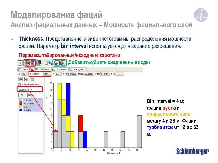 Моделирование фаций Анализ фациальных данных – Мощность фациального слой Thickness: Представление