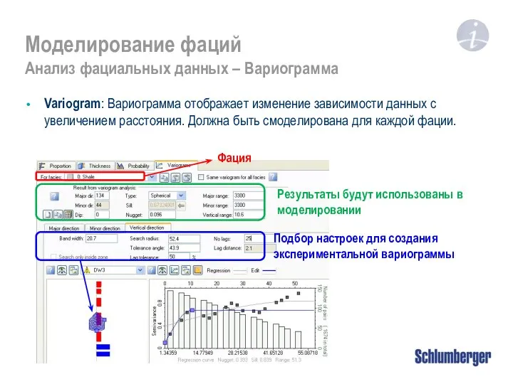 Моделирование фаций Анализ фациальных данных – Вариограмма Variogram: Вариограмма отображает изменение