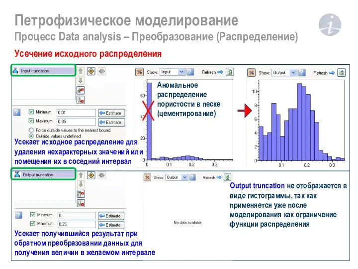 Петрофизическое моделирование Процесс Data analysis – Преобразование (Распределение) Усечение исходного распределения