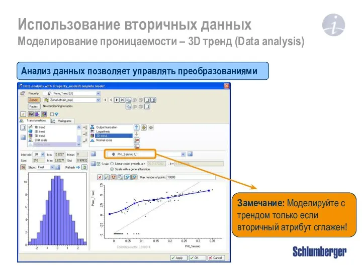 Использование вторичных данных Моделирование проницаемости – 3D тренд (Data analysis) Анализ