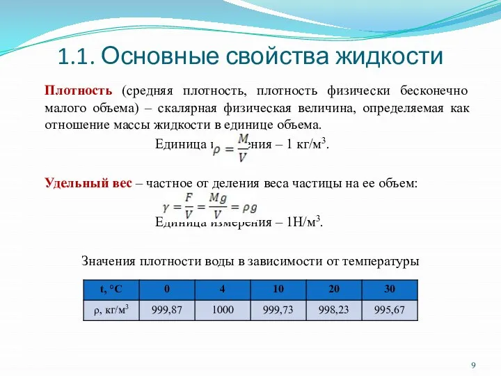 1.1. Основные свойства жидкости Плотность (средняя плотность, плотность физически бесконечно малого