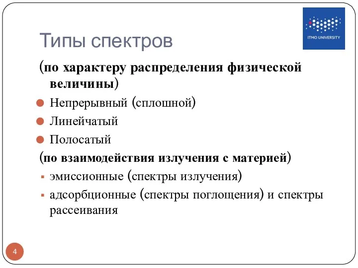 Типы спектров (по характеру распределения физической величины) Непрерывный (сплошной) Линейчатый Полосатый