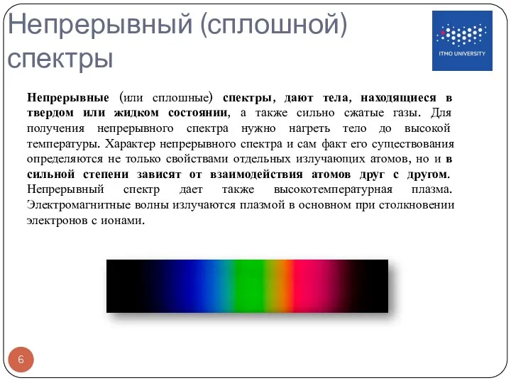 Непрерывный (сплошной) спектры Непрерывные (или сплошные) спектры, дают тела, находящиеся в