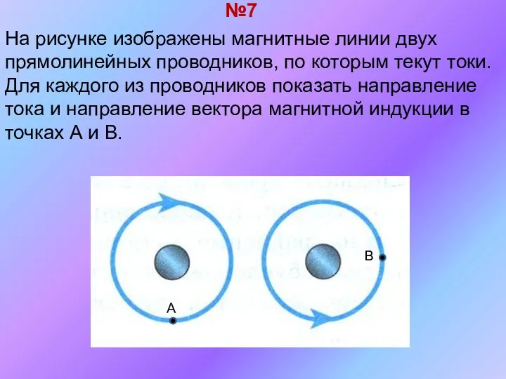 На рисунке изображены магнитные линии двух прямолинейных проводников, по которым текут