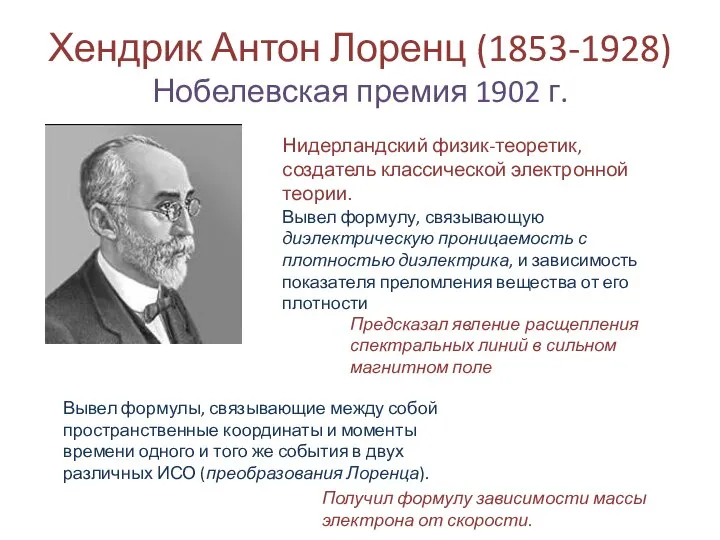 Хендрик Антон Лоренц (1853-1928) Нобелевская премия 1902 г. Нидерландский физик-теоретик, создатель