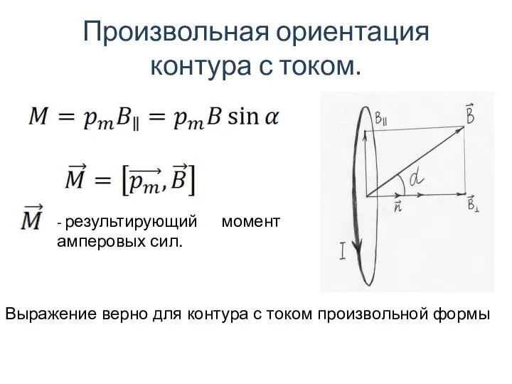 Произвольная ориентация контура с током. - результирующий момент амперовых сил. Выражение