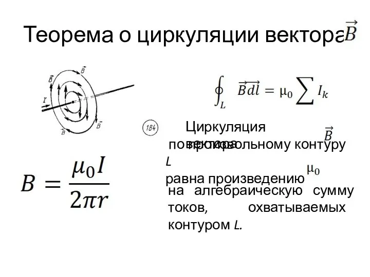 Теорема о циркуляции вектора Циркуляция вектора по произвольному контуру L равна