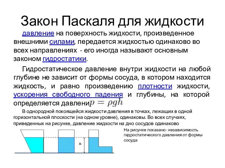 Закон Паскаля для жидкости давление на поверхность жидкости, произведенное внешними силами,