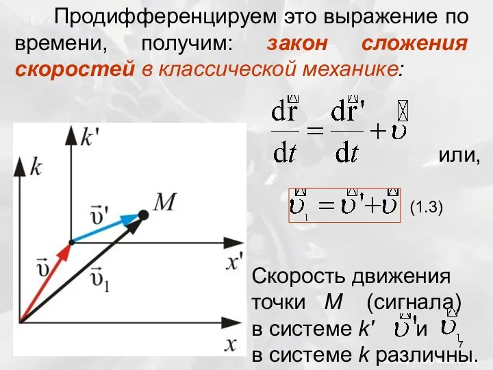 Продифференцируем это выражение по времени, получим: закон сложения скоростей в классической