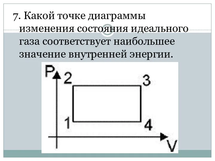 7. Какой точке диаграммы изменения состояния идеального газа соответствует наибольшее значение внутренней энергии.