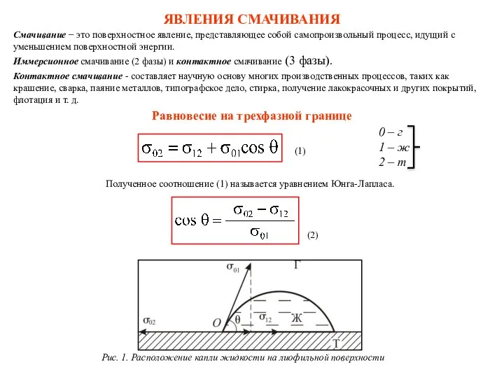 ЯВЛЕНИЯ СМАЧИВАНИЯ Смачивание − это поверхностное явление, представляющее собой самопроизвольный процесс,