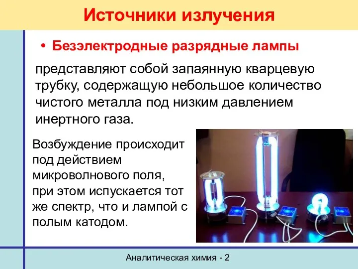 Аналитическая химия - 2 Источники излучения Безэлектродные разрядные лампы представляют собой